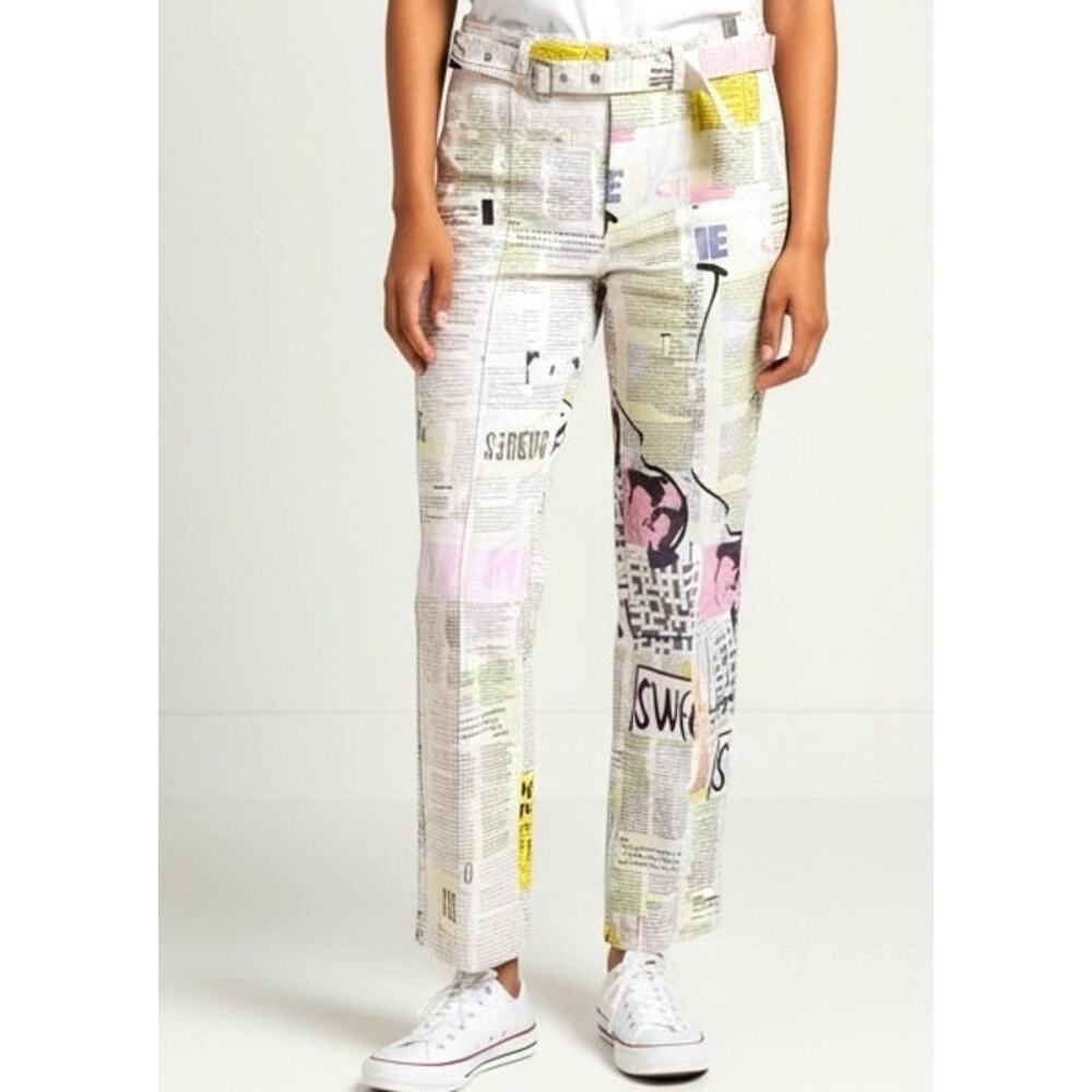 Desigual Pants Women S Newspaper Collage Print Belted Straight Leg Graphic